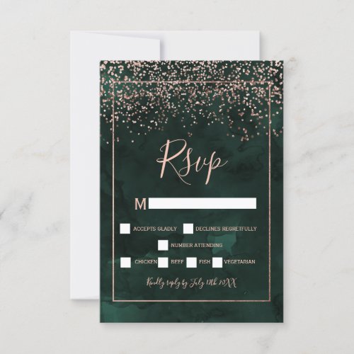 Rose gold confetti green typography rsvp