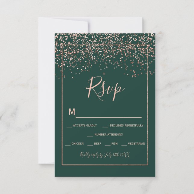 Rose gold confetti green typography rsvp card (Front)