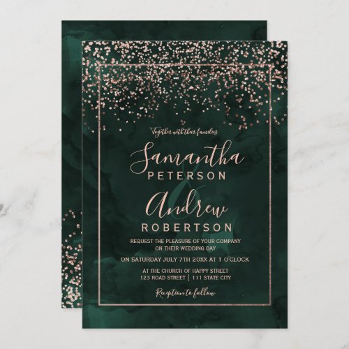 Rose gold confetti green typography wedding invitation