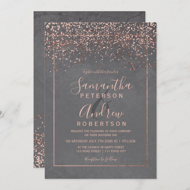 Rose gold confetti grey cement typography wedding invitation (Front/Back)