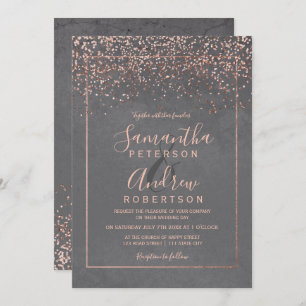 Rose gold confetti grey cement typography wedding invitation