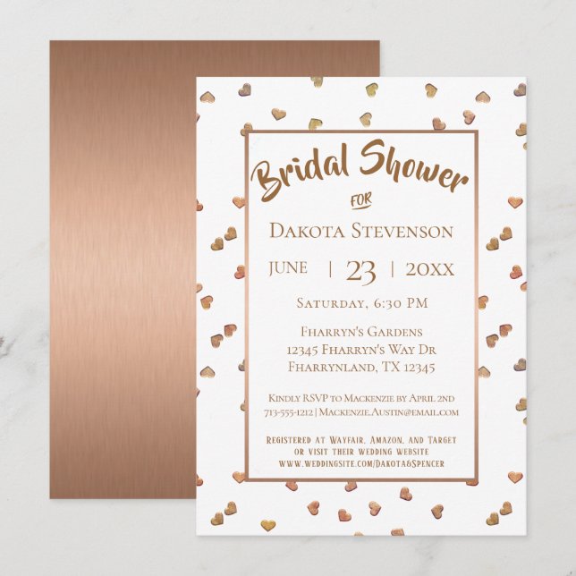 Rose Gold Confetti Hearts Modern Bridal Shower Invitation (Front/Back)