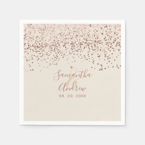 Rose gold confetti ivory beige typography wedding napkins