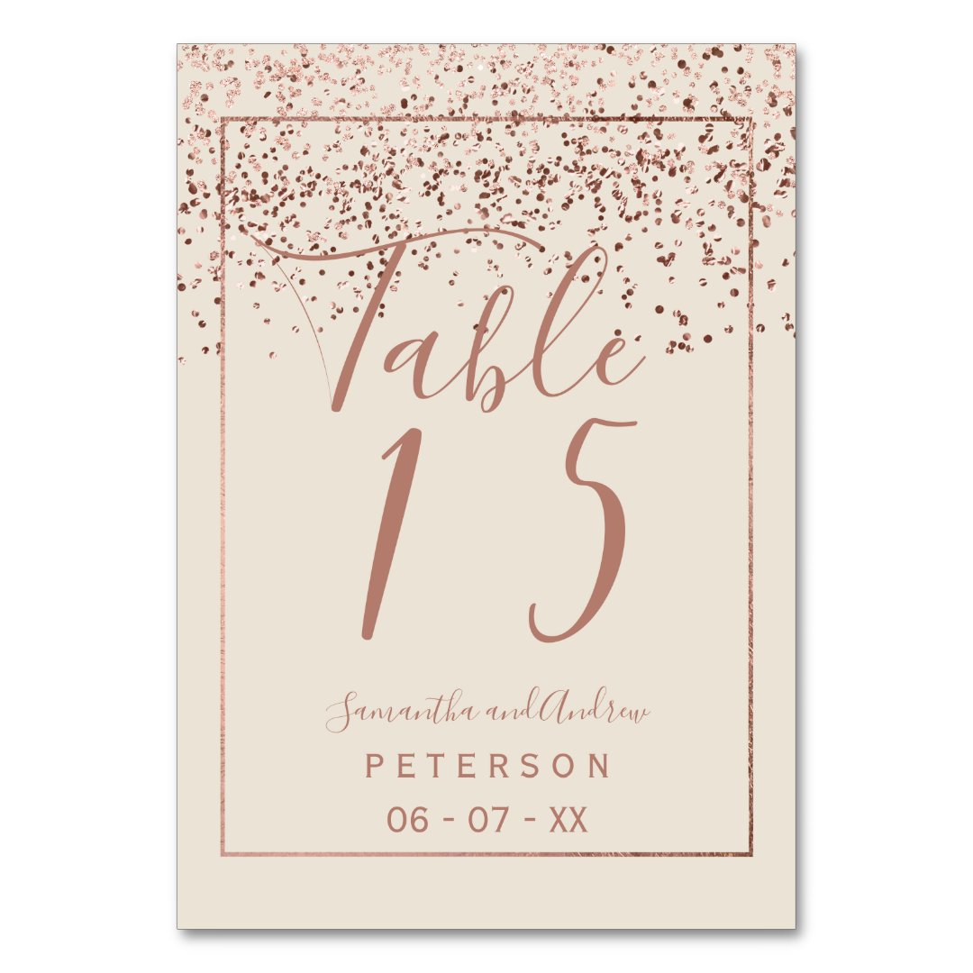 Rose gold confetti ivory script wedding table table number | Zazzle