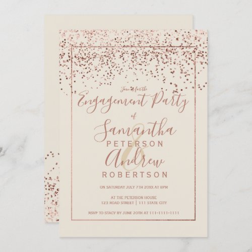 Rose gold confetti ivory typography engagement invitation