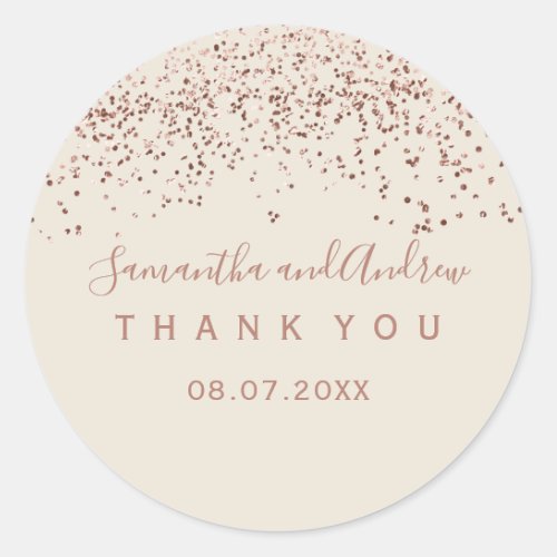 Rose gold confetti ivory typography Thank you Classic Round Sticker