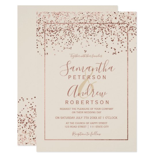Rose gold confetti ivory typography wedding invitation