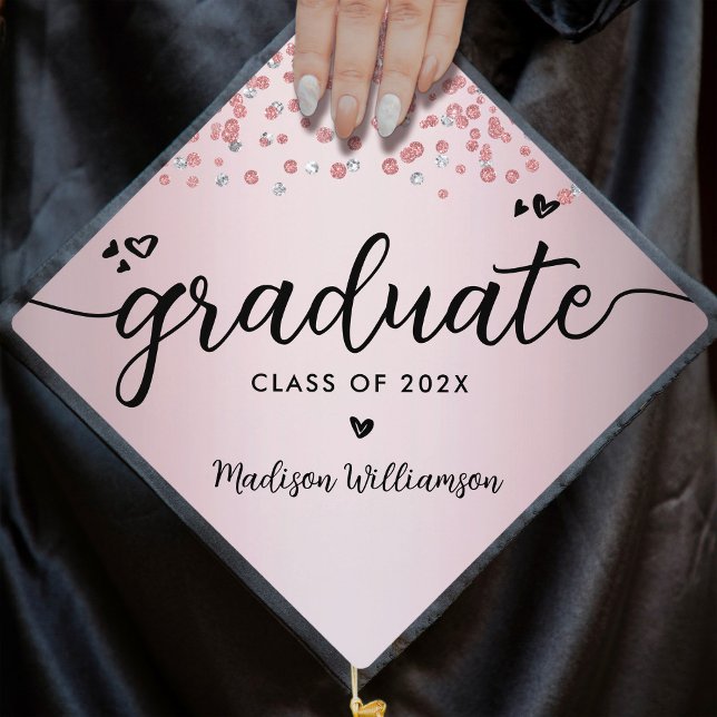 Rose Gold Confetti Jewels Modern Script Hearts Graduation Cap Topper (Creator Uploaded)