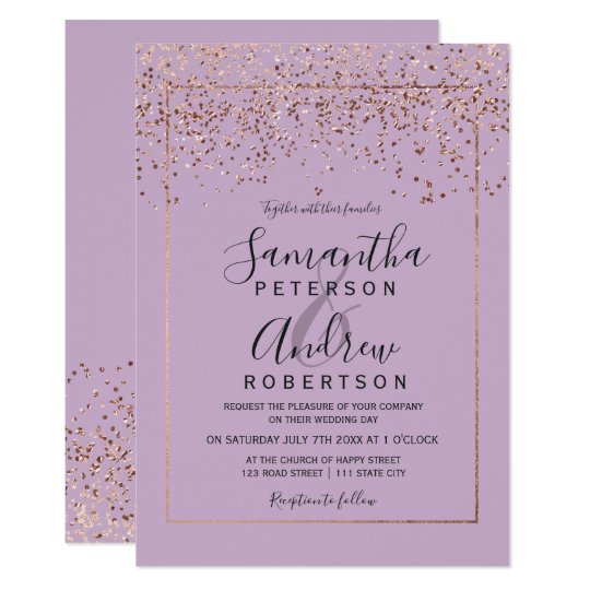 Rose Gold Confetti Lavender Typography Wedding Invitation 