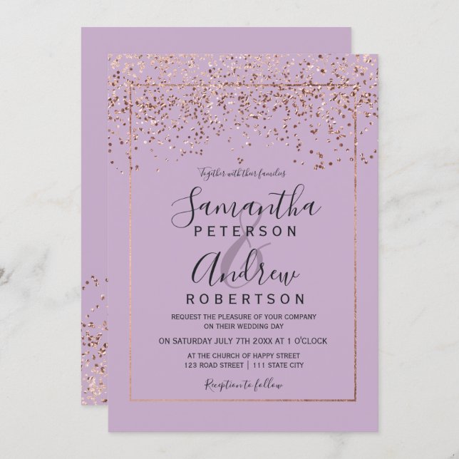 Rose gold confetti lavender typography wedding invitation (Front/Back)