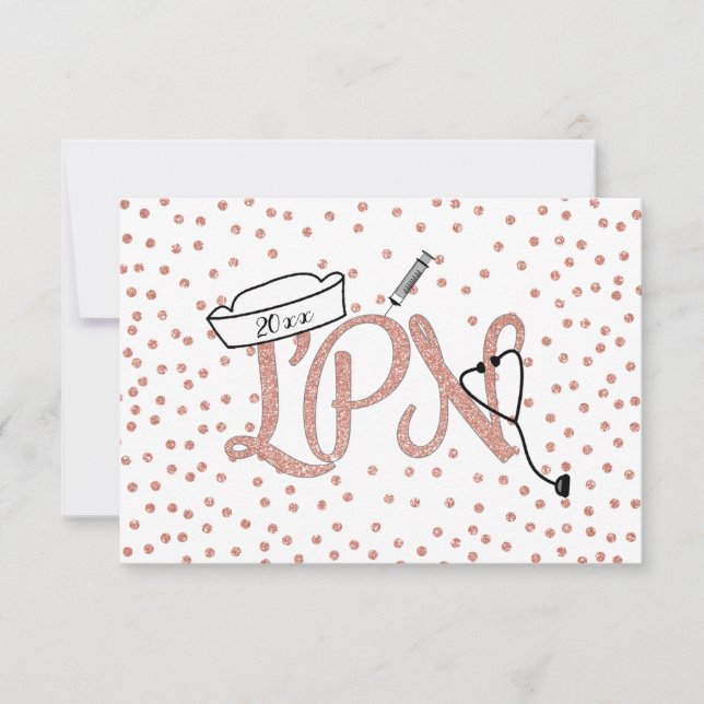Rose Gold Confetti LPN graduation party RSVP Card (Front)