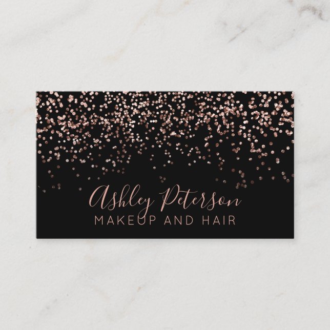 Rose gold confetti makeup hair typography business card (Front)
