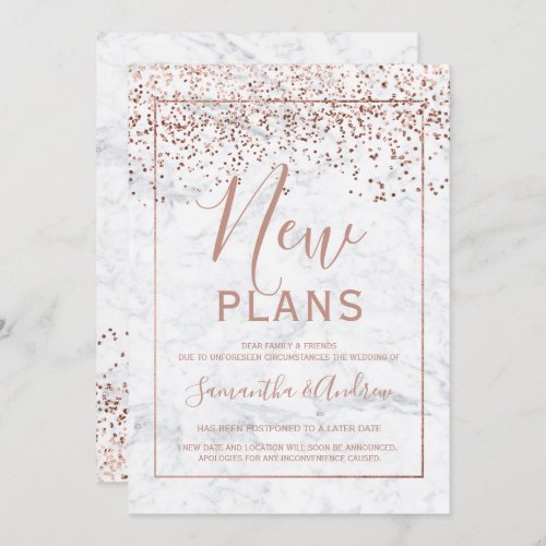 Rose gold confetti marble new plans postponed invitation