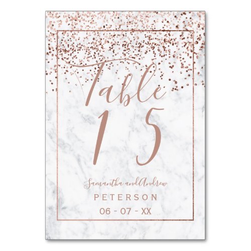 Rose gold confetti marble script wedding table table number