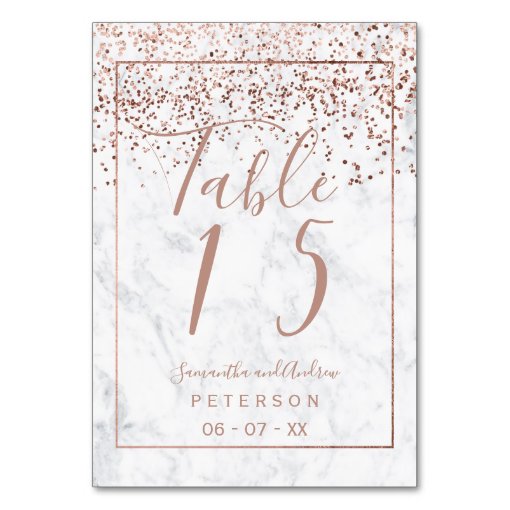 Rose gold confetti marble script wedding table table number | Zazzle