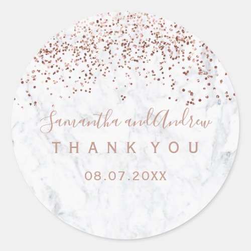 Rose gold confetti marble typography Thank you Classic Round Sticker