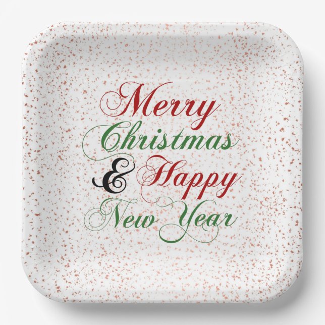 Rose Gold Confetti Merry Christmas Happy New Year Paper Plates (Front)