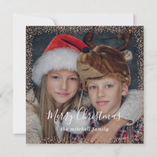 Rose Gold Confetti Merry Christmas Photo Holiday Card