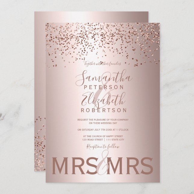 Rose gold confetti metallic foil lesbian wedding invitation (Front/Back)