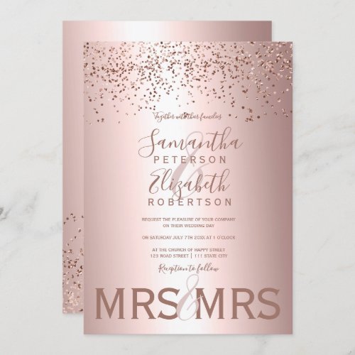 Rose gold confetti metallic foil lesbian wedding invitation