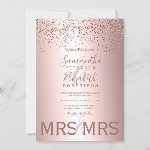 Rose Gold Confetti Metallic Foil Lesbian Wedding Invitation Zazzle