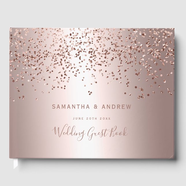 Rose gold confetti metallic foil photo wedding guest book (Front)