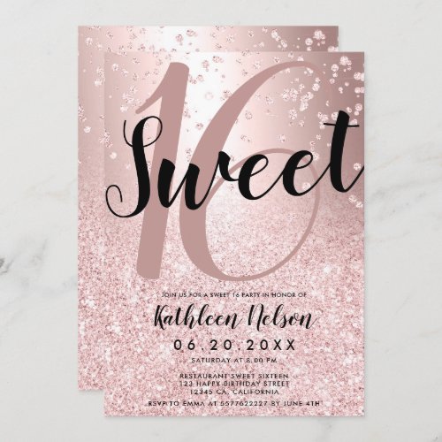 rose gold confetti metallic foil sweet sixteen invitation