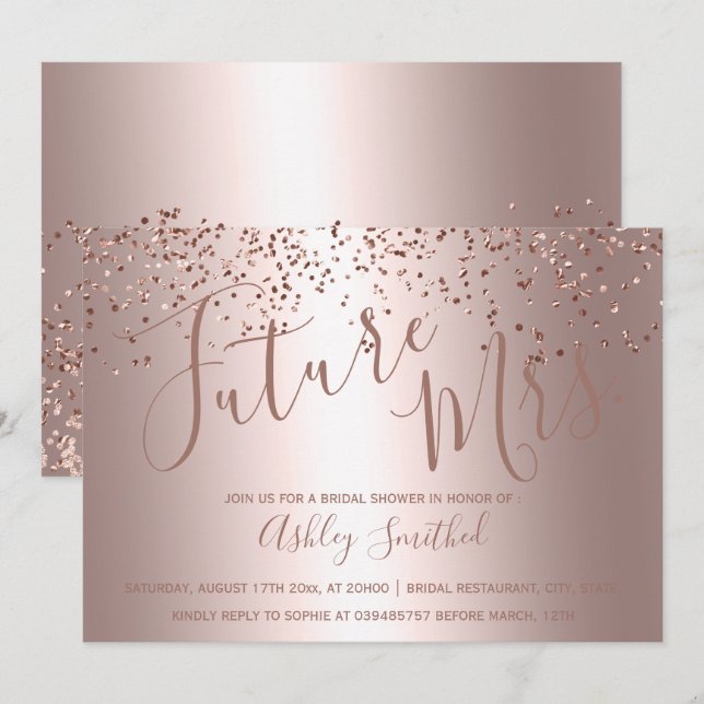 Rose gold confetti metallic Mrs bridal shower Invitation (Front/Back)