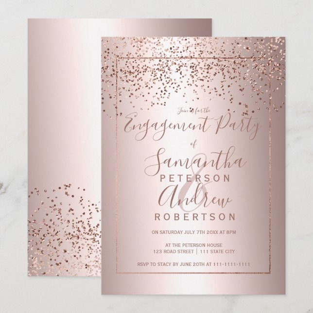 Rose gold confetti metallic typography engagement invitation (Front/Back)