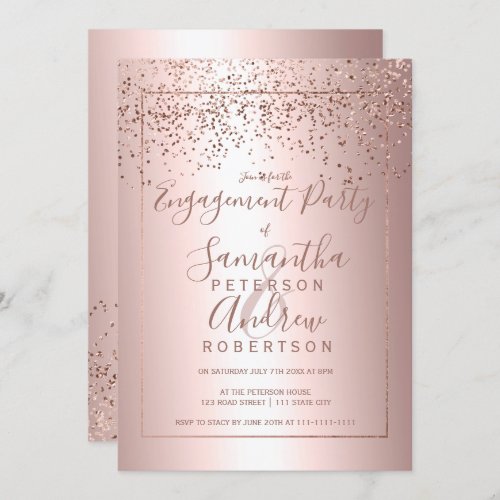 Rose gold confetti metallic typography engagement invitation