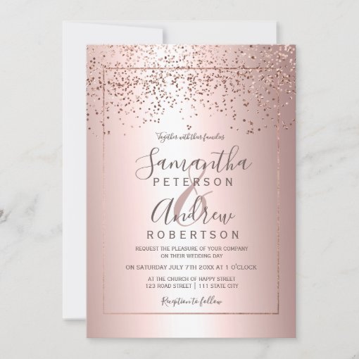 Rose gold confetti metallic typography wedding invitation | Zazzle