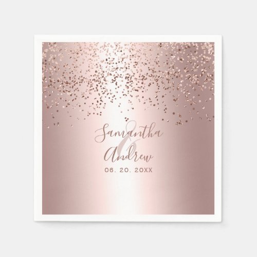 Rose gold confetti metallic typography wedding napkins