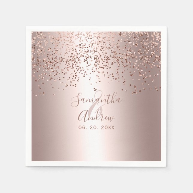 Rose gold confetti metallic typography wedding napkins (Front)