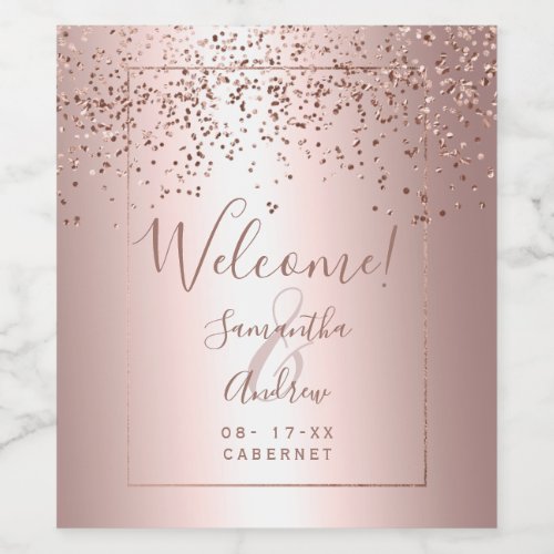 Rose gold confetti metallic typography wedding wine label