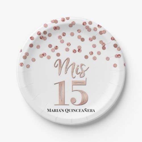 Rose Gold Confetti Mis 15 Quinceanera Paper Plates