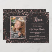 Rose Gold Confetti Modern 3rd Birthday Girls Photo Invitation (Front/Back)