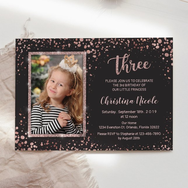 Rose Gold Confetti Modern 3rd Birthday Girls Photo Invitation (Creator Uploaded)