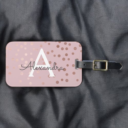 Rose Gold Confetti Monogram Name and Initial Luggage Tag