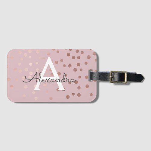 Rose Gold Confetti Monogram Name and Initial Luggage Tag