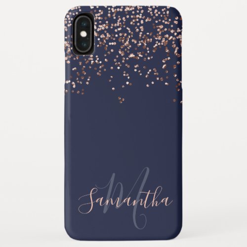 Rose gold confetti monogram navy blue trendy iPhone XS max case