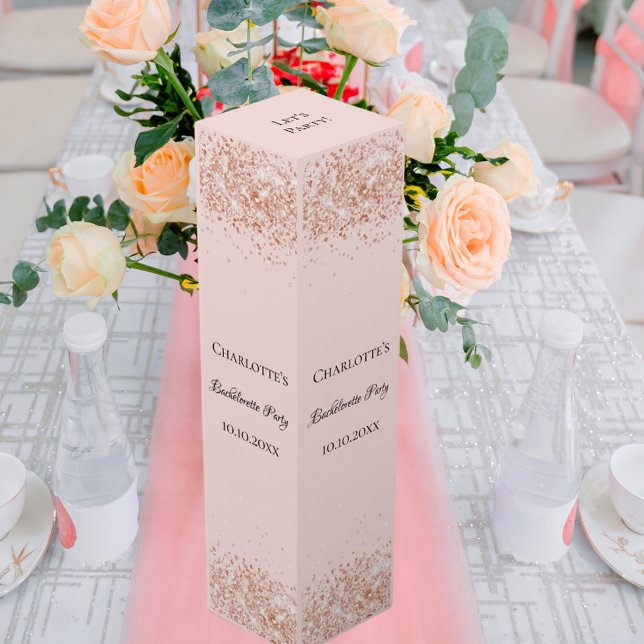 Rose gold confetti name bachelorette party wine box (Creator Uploaded)