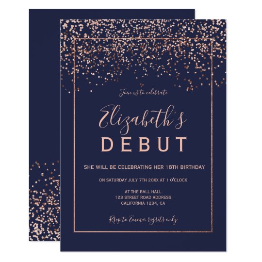Rose gold confetti navy blue 18th birthday debut invitation