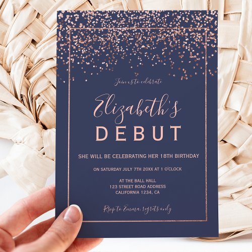 Rose gold confetti navy blue 18th birthday debut invitation