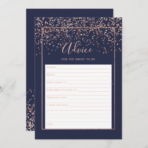 Rose Gold Confetti Navy Blue Advice Bridal Shower Zazzle