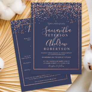 Rose gold confetti navy blue all in one wedding invitation
