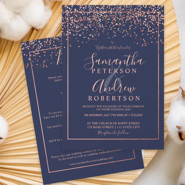 Rose gold confetti navy blue all in one wedding invitation | Zazzle