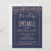 Rose gold confetti navy blue baby sprinkle shower invitation (Front)