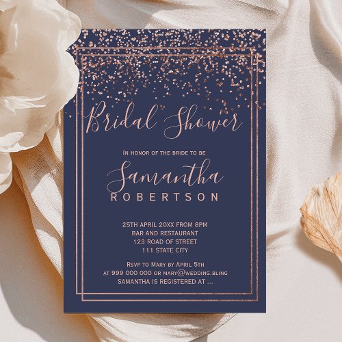 Rose gold confetti navy blue border bridal shower invitation