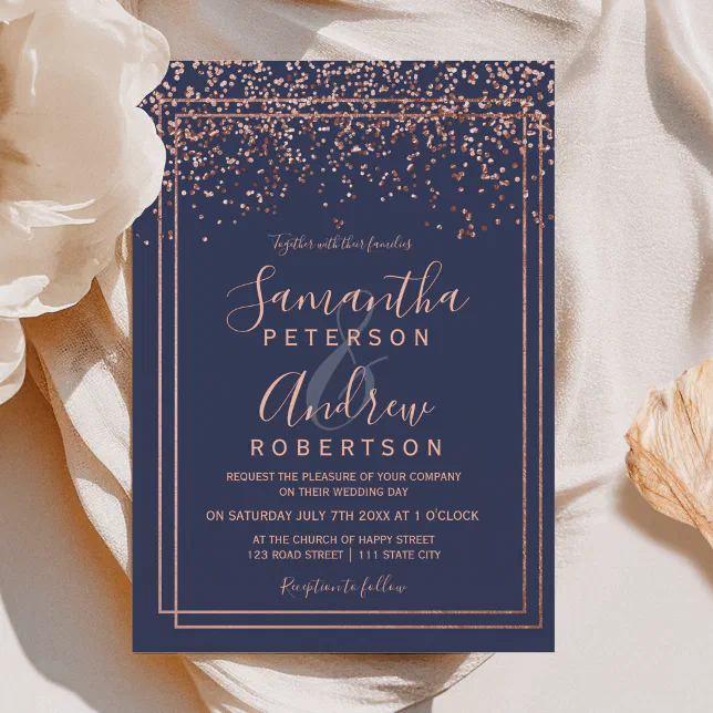 Rose gold confetti navy blue border chic wedding invitation | Zazzle