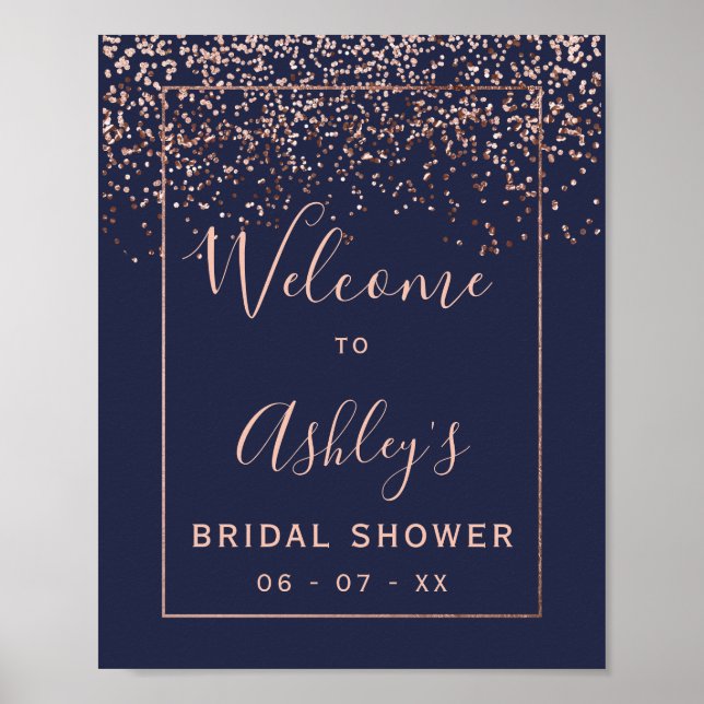 Rose gold confetti navy blue bridal shower welcome poster (Front)